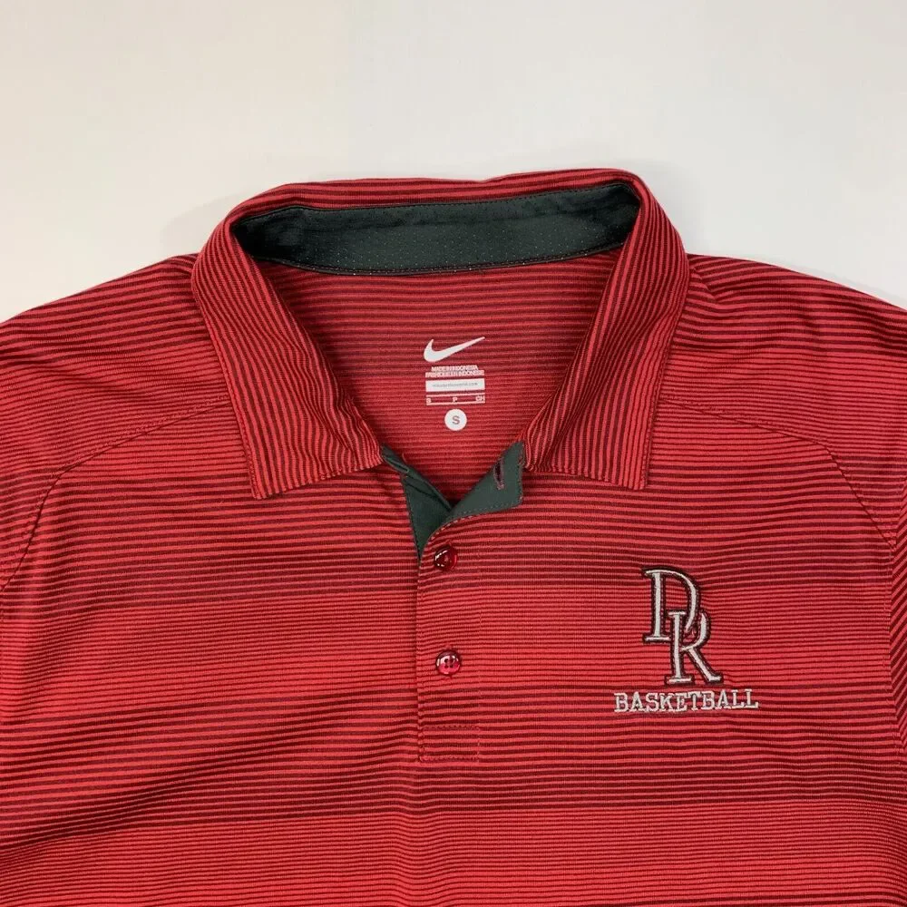 Nike Polo Shirt Mens S Small Red Striped Short Sleeve Dri Fit DR Basketball Logo